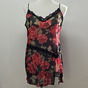 Black Red Rose Floral Lace Trim Slip Sheer Mini Dress Size M Cami Y2K Grunge